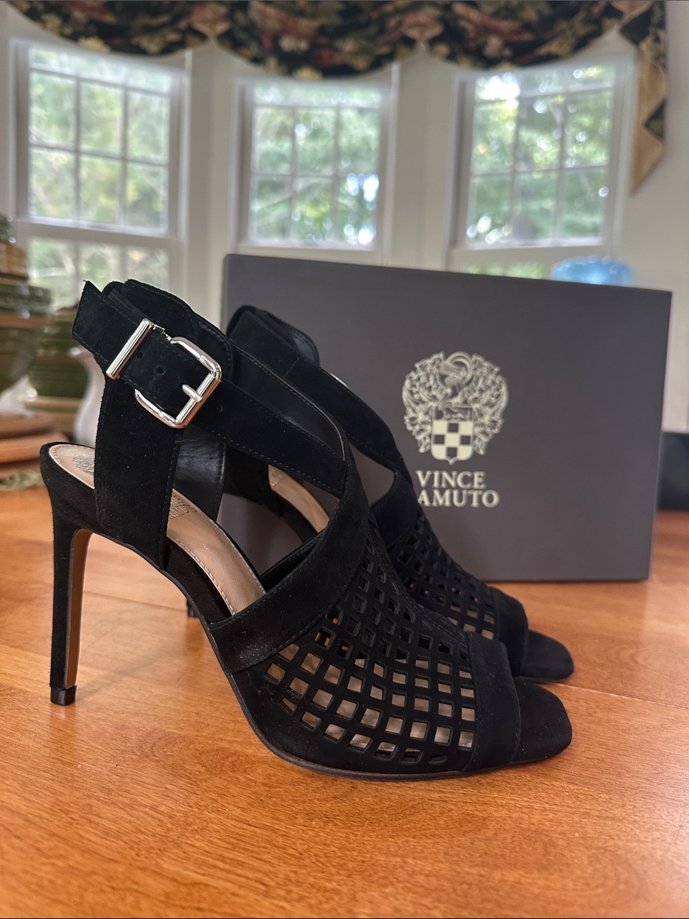 Vince Camuto Black Suede Lattice Peep-Toe Stiletto Sandals